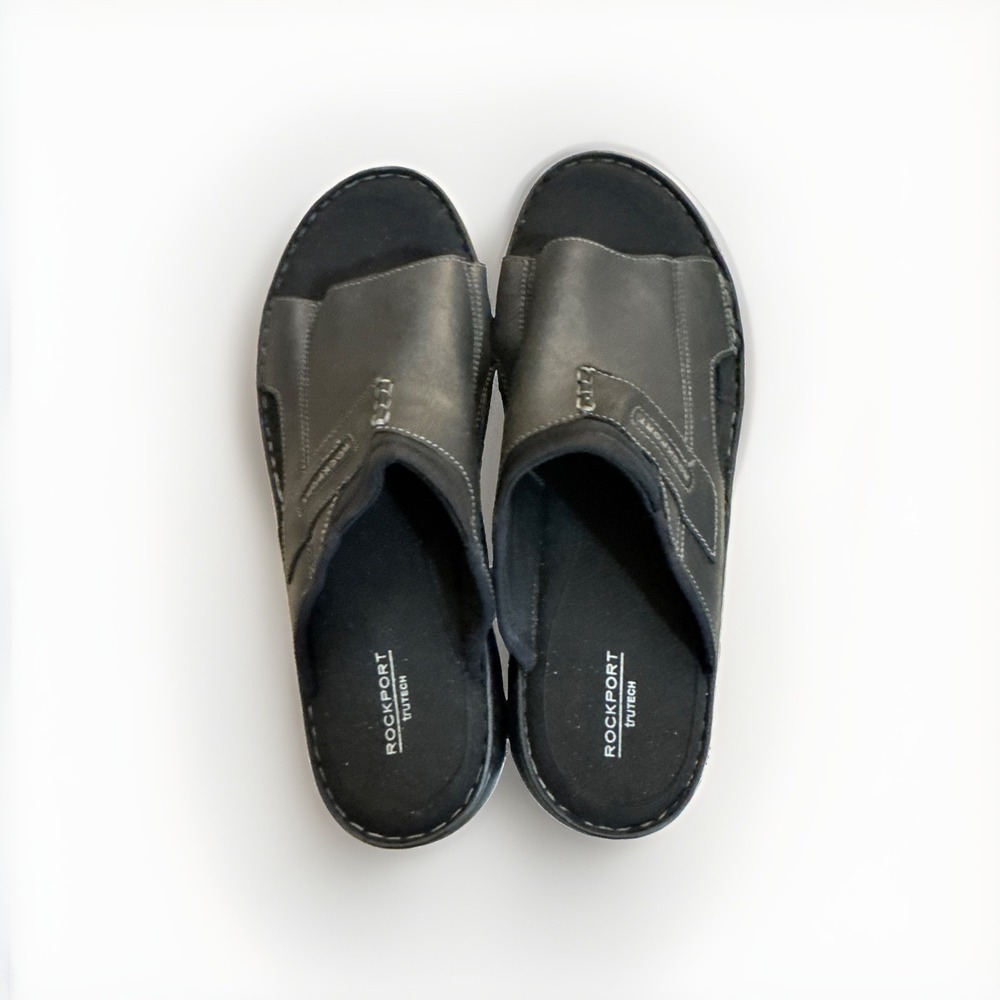 Rockport Darwyn Slide Men's Leather Slip-On Sandals Cushioned Black 14W